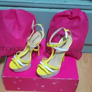 Scrappy yellow and white heeled sandals